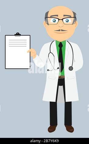 Kahler lächelnder Arzt mit grauem Haar, der einen Labormantel trägt und eine Form mit einer Hand im Rücken und einem Stethoskop zeigt. Stock Vektor
