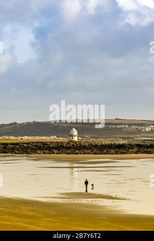 PORTHCAWL, WALES - FEBRUAR 2020: Hundespender am Strand bei Porthcawl in Südwales bei Ebbe. Stockfoto