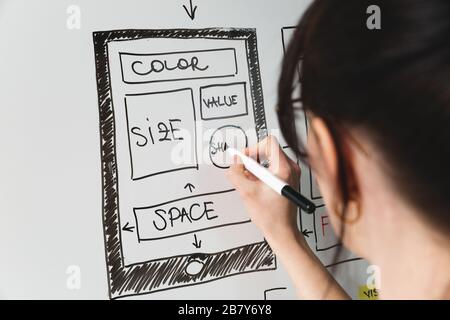 Frauen Webseiten-Designer kreative Planung Anwendungsentwicklung Zeichnen Vorlage Layout Rahmen Drahtmodell Design Studio . Konzept der Benutzererfahrung Stockfoto