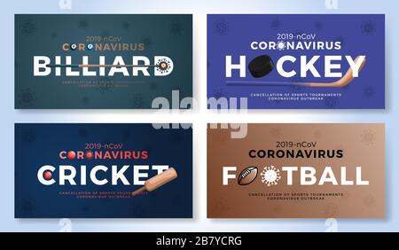 Set mit Sport Vector Banner Achtung Coronavirus. Billard, Hockey, Cricket, american Football Stop Covid-19-Ausbruch. Stornierung von Sportveranstaltungen a Stock Vektor