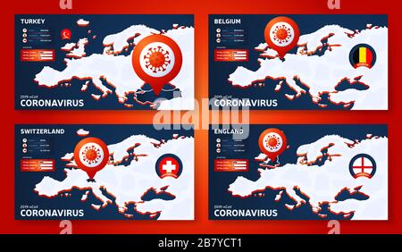 Satz Coronavirus Bannerausbruch aus Wuhan, China. Achten Sie auf neue Coronavirus Ausbrüche in der Schweiz, Belgien, der Türkei und England. Verbreitung des TH Stock Vektor