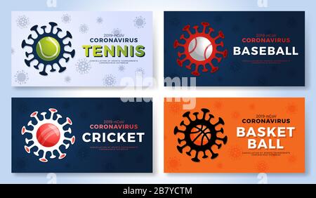 Set mit Sport Vector Banner Achtung Coronavirus. Tennis, Baseball, Cricket, Basketball Stop Covid-19 Ausbruch. Stornierung von Sportveranstaltungen und Matc Stock Vektor