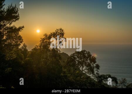 Faszinierende Aussicht auf den Sonnenaufgang über dem Meer mit dem Zweige eines Baumes im Vordergrund Stockfoto
