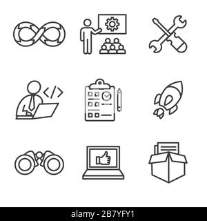Entwicklungsvorgänge und Lebenszyklus - DevOps Symbol mit Prozess, Build usw. Stock Vektor