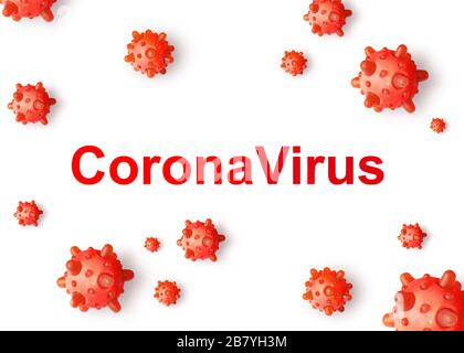 COVID-19 Coronavirus Konzept, 3D-Abbildung. Thema der Coronavirus-Krankheit auf weißem Hintergrund. Globaler Ausbruch des SARS-COV-2-Corona-Virus. Banner mit cor Stockfoto
