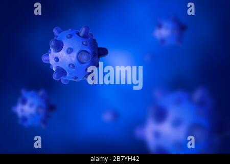 COVID-19, blauer Hintergrund des Influenza- oder Grippe-Coronavirus, SARS-COV-2-Corona-Virus unter dem Mikroskop, 3D-Abbildung. Ausbruch des Coronavirus und Pandemie. Stockfoto