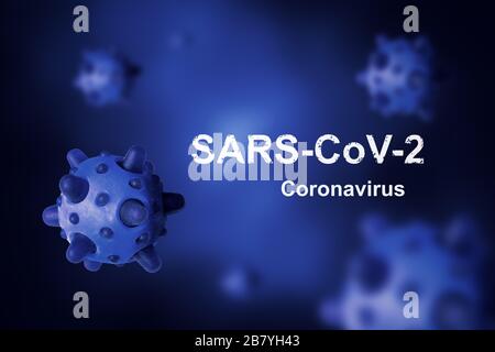 COVID-19-Coronavirus-Banner, 3D-Abbildung. Thema der COVID-Krankheit auf blauem Hintergrund. Tödlicher globaler Ausbruch des SARS-COV-2-Corona-Virus. Poster mit COVI Stockfoto