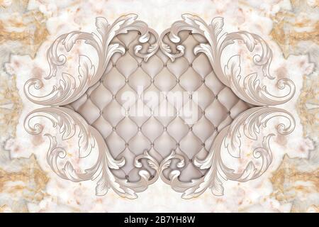 3D-Decke, stuckierter Dekorrahmen, beigefarbenes Leder gesteppt in der Mitte auf Marmorhintergrund. 3D-Hintergrundbild. Stockfoto