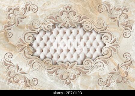 3D-Decke, stuckierter Dekorrahmen, beigefarbenes Leder gesteppt in der Mitte auf Marmorhintergrund. 3D-Hintergrundbild. Stockfoto