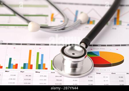 Stethoskop auf Diagramm- oder Diagrammpapier, Finanz-, Konto-, Statistik- und Geschäftsdaten medizinisches Gesundheitskonzept. Stethoskop in Diagrammen und Graphen sprea Stockfoto