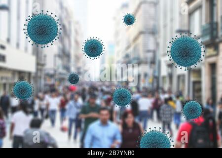 Menschenmenge, die auf der Straße mit Kovidpartikeln aus 19 oder Coronavirus in der Luft spazieren geht, mit dem Risiko, sie zu infizieren Stockfoto