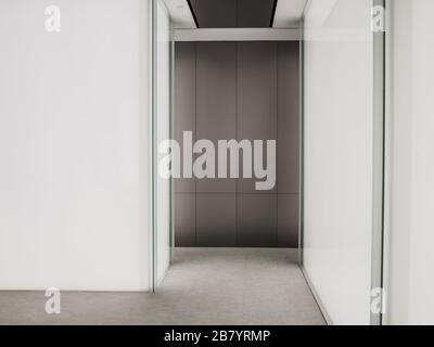 Perspektivische Ansicht des leeren Raums mit LED-Lampen und Lichtschatten an der Wand für Gallery Interior Stockfoto