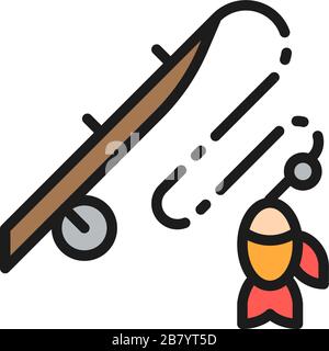 Angelrute mit Fisch-Symbol mit flacher Farbenlinie. Stock Vektor