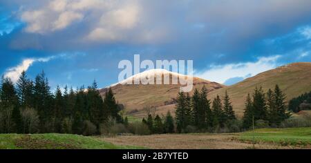 Der schneebedeckte Berg Bodesbeck Law im Spätwinter. Moffat Dale, Dumfries & Galloway, Schottland. Panorama Stockfoto