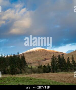 Der schneebedeckte Berg Bodesbeck Law im Spätwinter. Moffat Dale, Dumfries & Galloway, Schottland Stockfoto