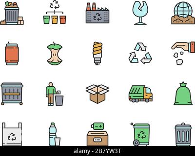 Satz von Symbolen für die Abfallflache Farblinie. Abfallfabrik, Bierkcan, Dumpster und mehr Stock Vektor