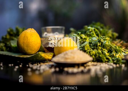 Haufen von Korianderblättern, Honig, Zitrone, Reis, Milch und Aloe Vera Gel Gesichtsmaske für alle Hauttypen und für natürliches Gesichtsleuchten auf einer schwarzen Holzsur Stockfoto