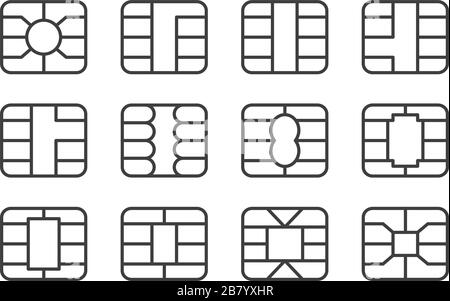 Set mit EMV-Chip-Symbol. Digitaler Chip für Bankkreditkarte. NFC-Zahlung. Stock Vektor