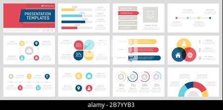 Set aus türkisfarbenen, dunkelblauen, roten und gelben Elementen für multifunktionale Präsentationsvorlagen mit Diagrammen und Diagrammen. Stock Vektor