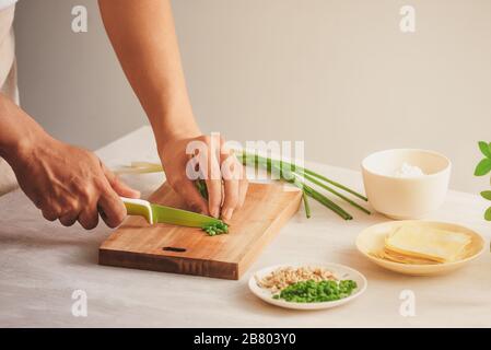 Verpackung Wan-tan und rohen Zutaten in der Küche isoliert Stockfoto