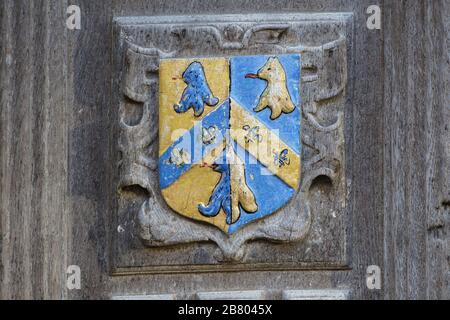 Wappen des Trinity College der Universität Oxford die Abzeichen oder Crest geschnitzt ist, oder auf das große Tor in der Bodleian Library in Catte Street geprägt Stockfoto