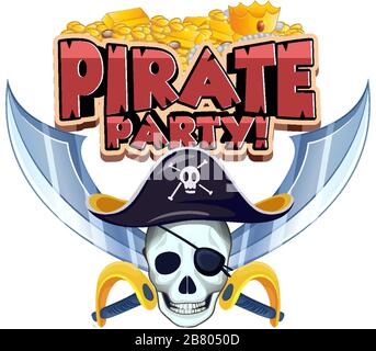 Schriftdesign für Word Pirate Party mit Skull- und Goldmünzillustration Stock Vektor