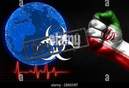 Eine neue Coronavirus-Krankheit namens Covid-19 im Iran, mit einer männlichen Faust und einer Länderfahne. Coronavirus Disease Control Konzept in den Ländern rund Stockfoto