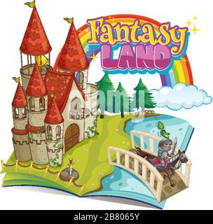 Schriftdesign für Word Fantasy lan mit großem Schloss in der Story-Book-Illustration Stock Vektor