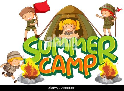 Schriftdesign für Word Summer Camp mit vielen Kindern in der Zelt-Illustration Stock Vektor