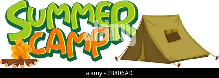 Schriftdesign für Word Summer Camp mit Zelt- und Lagerfeuer-Illustration Stock Vektor