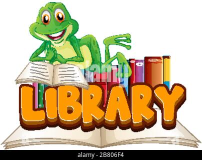 Schriftdesign für Wortbibliothek mit Frosch-Lesebuch-Illustration Stock Vektor