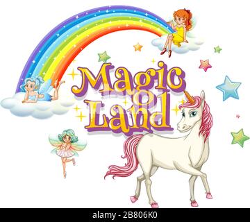 Schriftdesign für Word Magic Land mit Einhorn- und Feenabbildung Stock Vektor