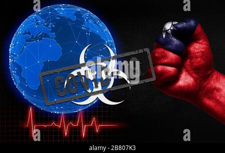 Eine neue Coronavirus Krankheit namens Covid-19 in Taiwan, mit einer männlichen Faust gezeigt und einer Länderfahne. Coronavirus Disease Control Konzept in den Ländern aroun Stockfoto