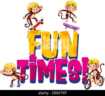 Schriftdesign für Wort-Fun-Zeiten mit Affen, die auf weißer Hintergrundillustration spielen Stock Vektor