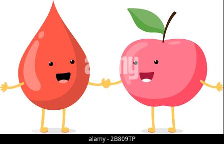 Süßer Cartoon-Blutstropfen mit lächelnder apfelfrucht-figur. Vector Healthy Eating Food and Circulation Concept Flat Illustration Stock Vektor