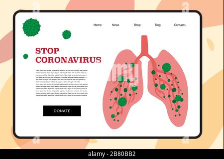 Warnstelle für Coronavirus 2019-NC0V-Ausbruch. Stoppen Sie die pandemische COVID-19-Mikrobe. Das Virus greift die Atemwege an, Infektionen medizinisches Gesundheitsrisiko. Travel Alert Konzept. Flacher Cartoon-Stil Stock Vektor