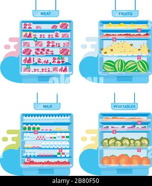 Supermarktregale mit Produkten flach Vektor-Illustrationen Set Stock Vektor