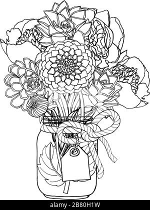 Handgezeichneter Blumenstrauß im Doodle-Stil mit verschiedenen Blumen, saftig, peinig, Dahlia Stock Vektor