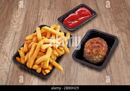 Fast-Food-Snack und pommes frites. Jeder Snack hat einen Beschneidungspfad Stockfoto