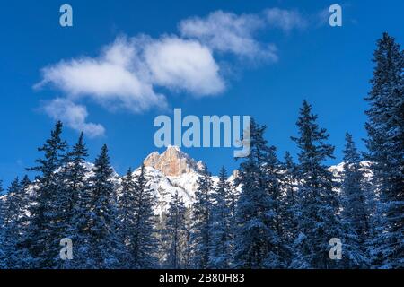 Winter-Berglandschaft mit dem Monte Cristallo in den drei Gipfeln der Region der Dolmen bei Toblach und Innichen, Südtirol, Italien, Landschaftsfotografie Stockfoto