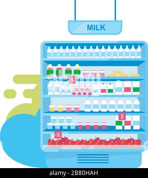 Milchprodukte im Shop Stall flache Vektorgrafiken Stock Vektor