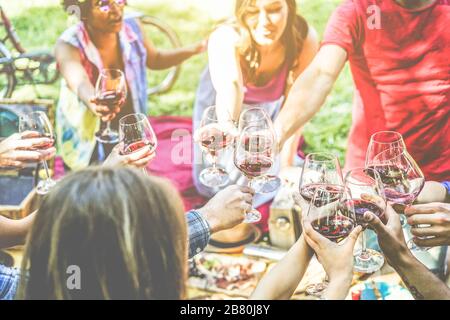 Eine Gruppe von Freunden, die ein Picknick genießen, während sie mit Rotwein jubeln und im Freien Imbiss-Vorspeisen essen - junge Leute trinken und Spaß haben Stockfoto