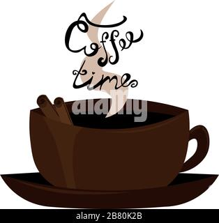 Einzeilige Zeichnung. Eine Tasse heißen Kaffee mit Zimt. Beschriftung, Kalligraphie. Logo Design. Stock Vektor