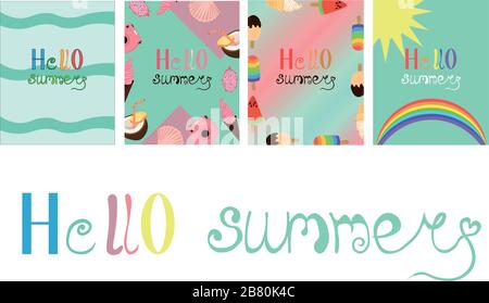 Set mit Sommerkarten, Flyern. Hallo Sommer. Beschriftung, Kalligraphie. Obst, Meer und Entspannung. Blau-rosa Design. Stock Vektor