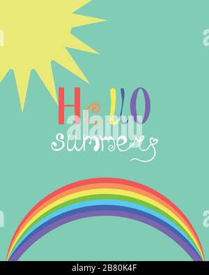 Hallo Sommer. Helle Postkarte. Blauer Himmel, Sonne und Regenbogen. Design-Flyer, Werbung. Stock Vektor