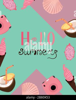 Hallo Sommer. Helle Postkarte. Blau und Rosa. Eis, Kamera, Obst und Schalen. Design-Flyer, Werbung. Stock Vektor