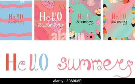 Set mit Sommerkarten, Flyern. Hallo Sommer. Beschriftung, Kalligraphie. Obst, Meer und Entspannung. Blau-rosa Design. Stock Vektor