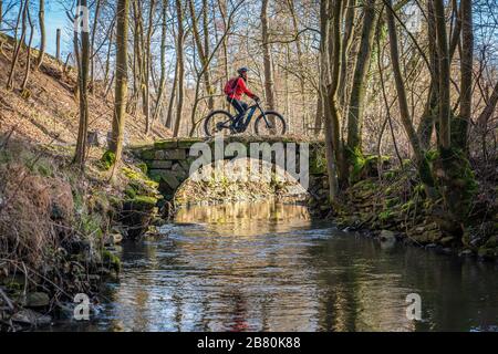 Schöne aktive Seniorin, die ihr Elektro-Mountainbikes im Frühjahr entlang eines kleinen Flusses in der Nähe von Stuttgart fährt Stockfoto