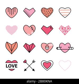 Herz flach und Linie Symbol rosa Farbsatz Stock Vektor