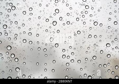 Viele kleine Wassertropfen stehen an einem Fensterglas während eines winterlichen Schneetags Stockfoto